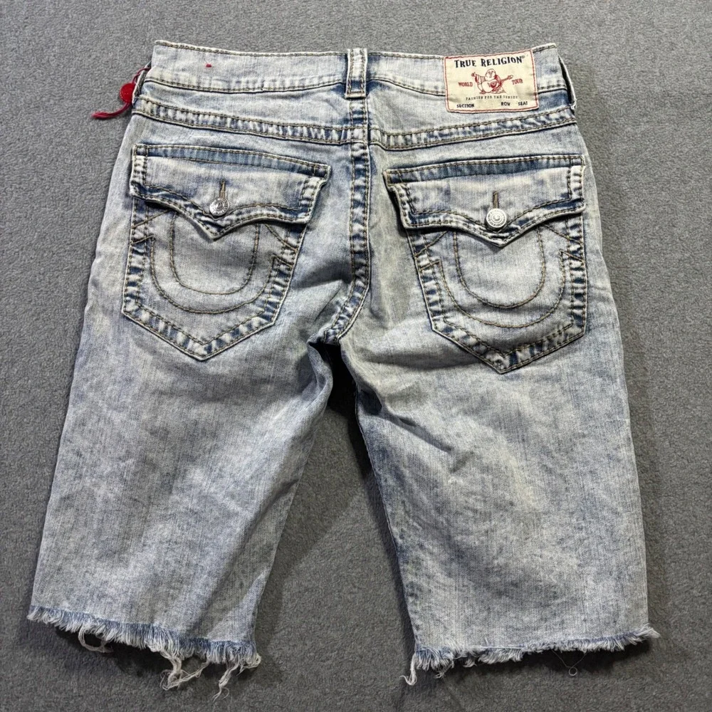 True Religion Ricky Relaxed Straight Denim Shorts Men's 31 Blue Distressed Acid